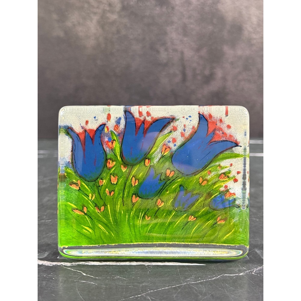 IITTALA Helja Liukko-Sundstrom Art Glass Card Hand Painted Blue Flowers in Field